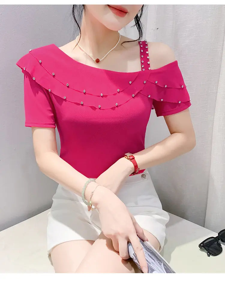 Ruffled Short Sleeves Off-the-shoulder Filamentation Top