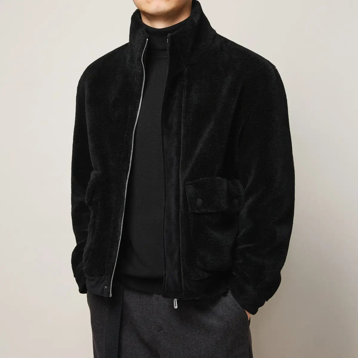 Men’s Winter Faux Lamb Warm Thick Jacket Casual Style Stand Collar Solid Color