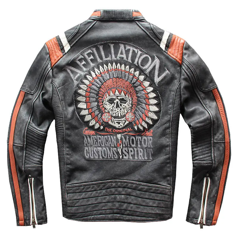 Top Layer Cowhide Distressed Stand Collar Slim Fit Embroidered Motorcycle Suit Leather Jacket Jacket