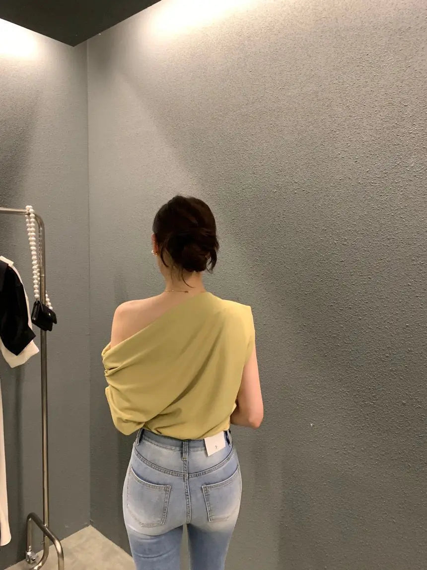 Irregular Shoulder Design Loose Solid Color Pullover Short Sleeve T-shirt