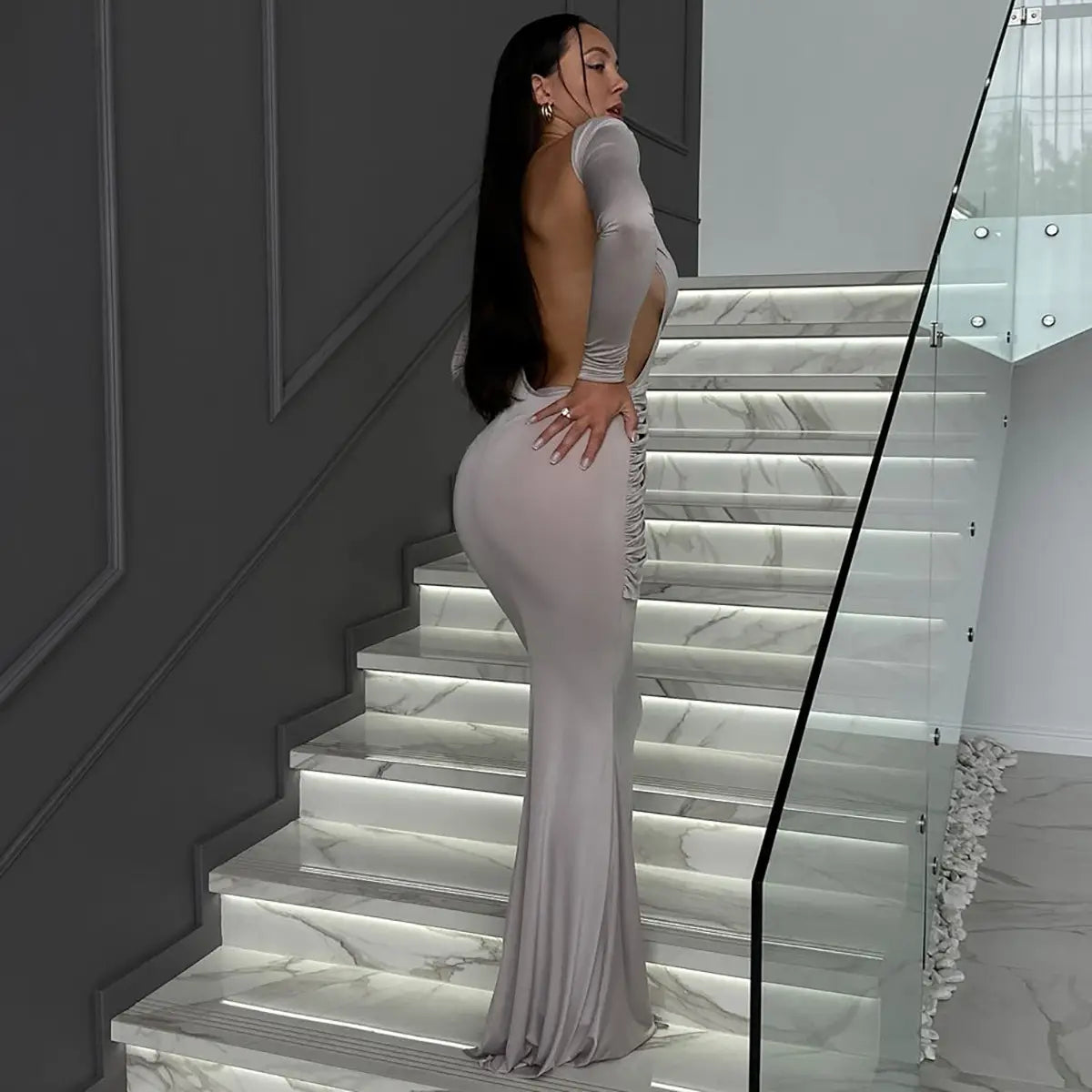 Women’s Sexy Hot Girl Back Hollow-out Slim-fit Long Sleeve Dress