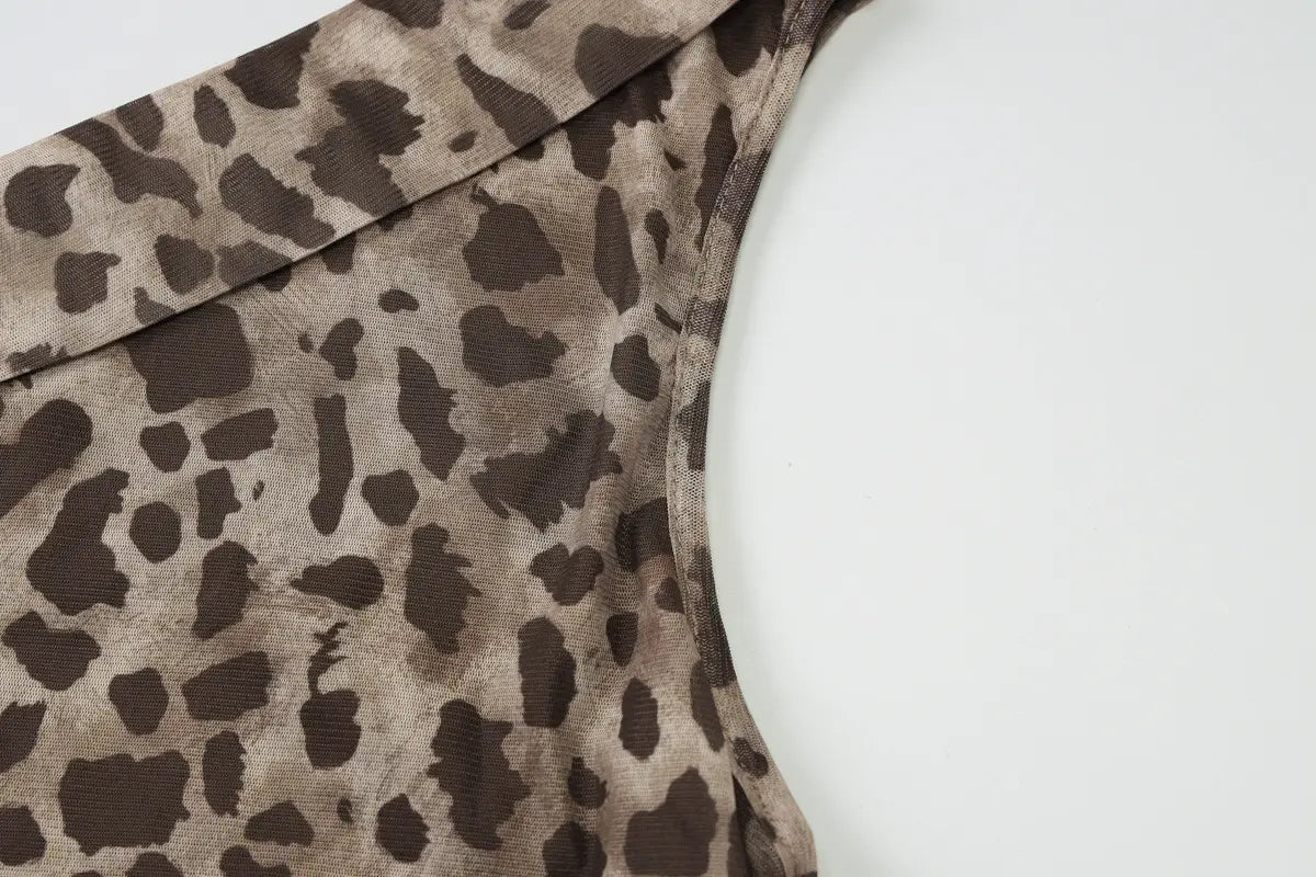 Leopard Print Crossbody Sleeveless Ribbon Short Tight Vest