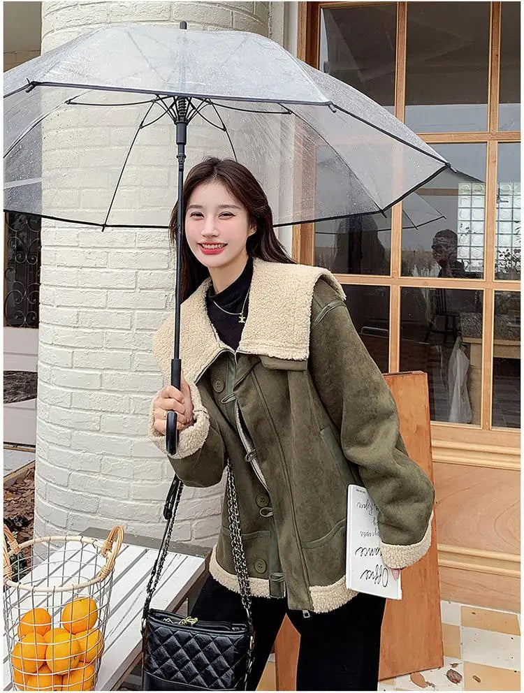 Women’s Korean-style Retro Green Suede Lambswool Coat