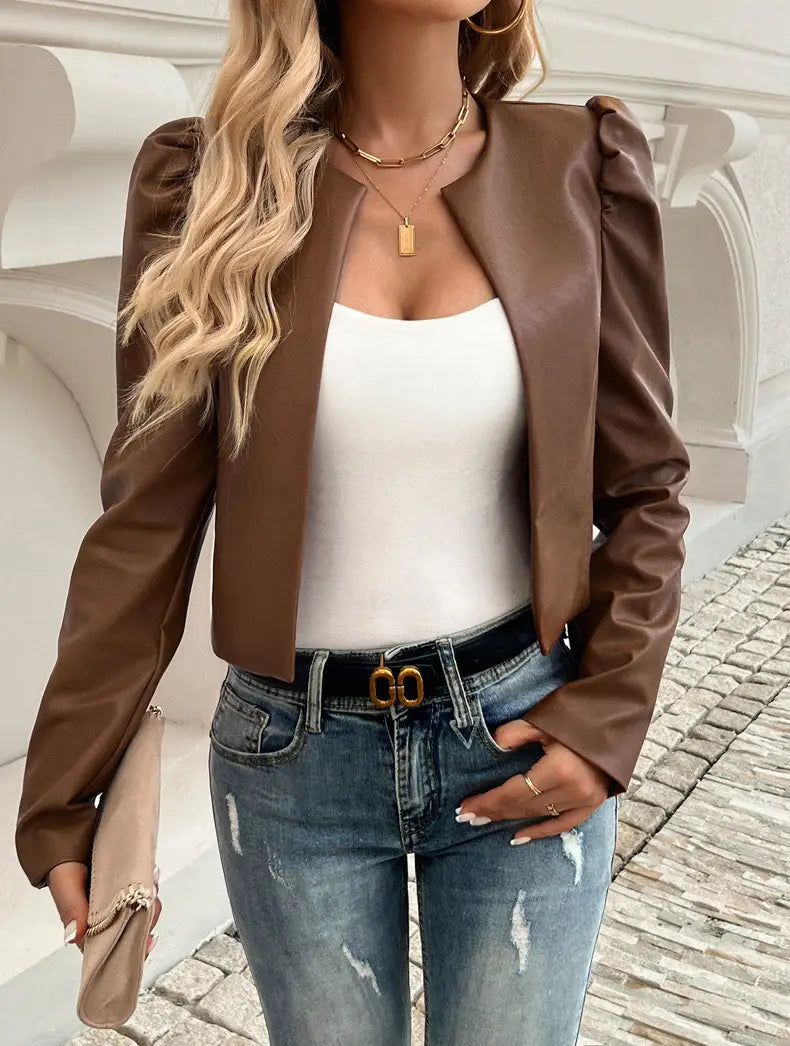 Jacket Women’s Temperament Leisure Cardigan Solid Color Leather Coat