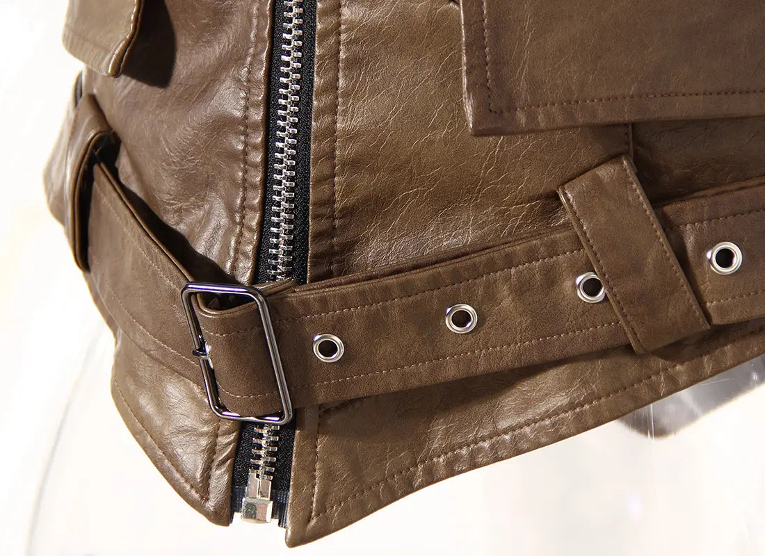 Niche Design Two-piece Coat Cape Stitching PU Handsome Waist-tight Jacket