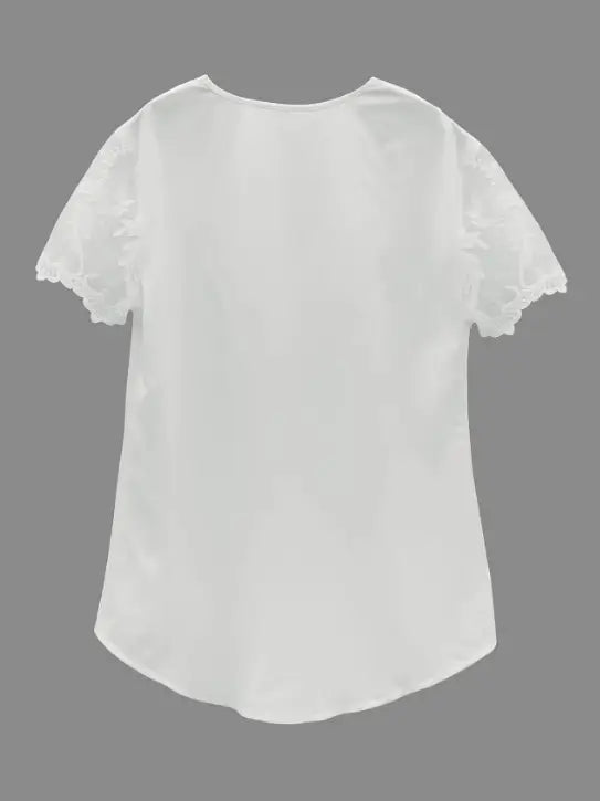 Contrast Lace Tucked Blouse Casual V Neck Short Sleeve Blouse