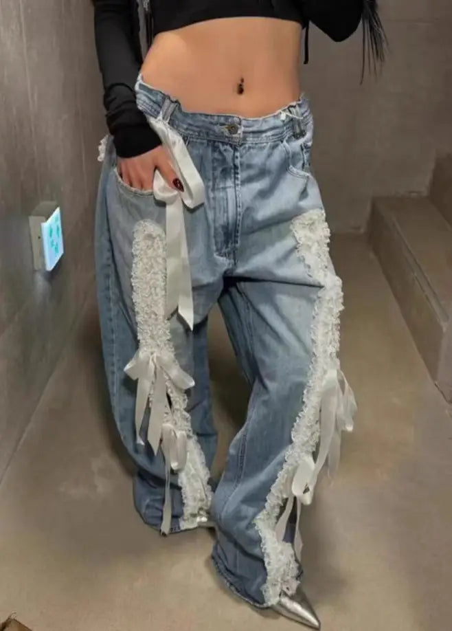 Women’s American-style Retro Lace Lace-up Stitching Jeans