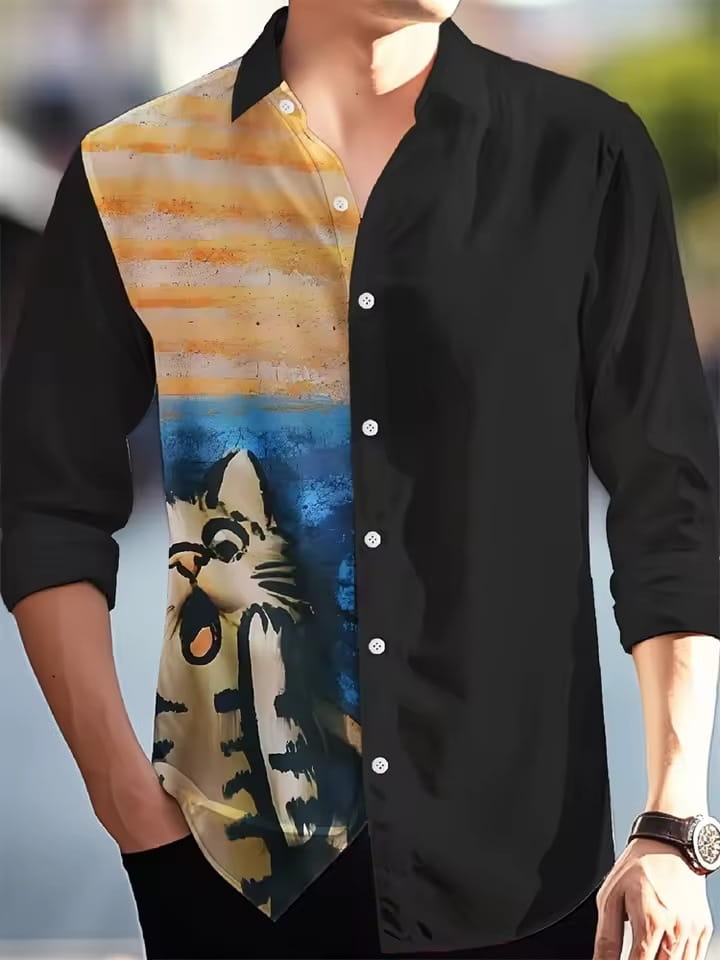 Men’s Long Sleeve Shirt Palm Tree And Striped Printed Shirt Everyday Fashion Men’s Casual Shirt