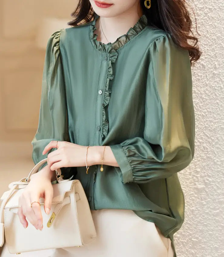Nine-quarter Sleeve Shirt Women’s Puff Sleeve Thin Solid Color Top