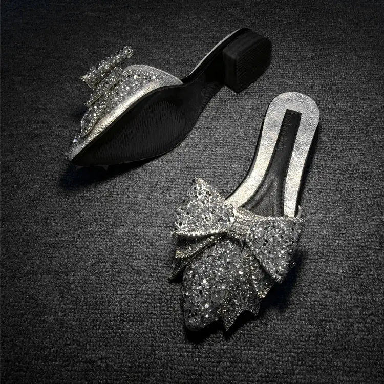 Fashion Women’s Rhinestone Pointed Bow Half Slippers