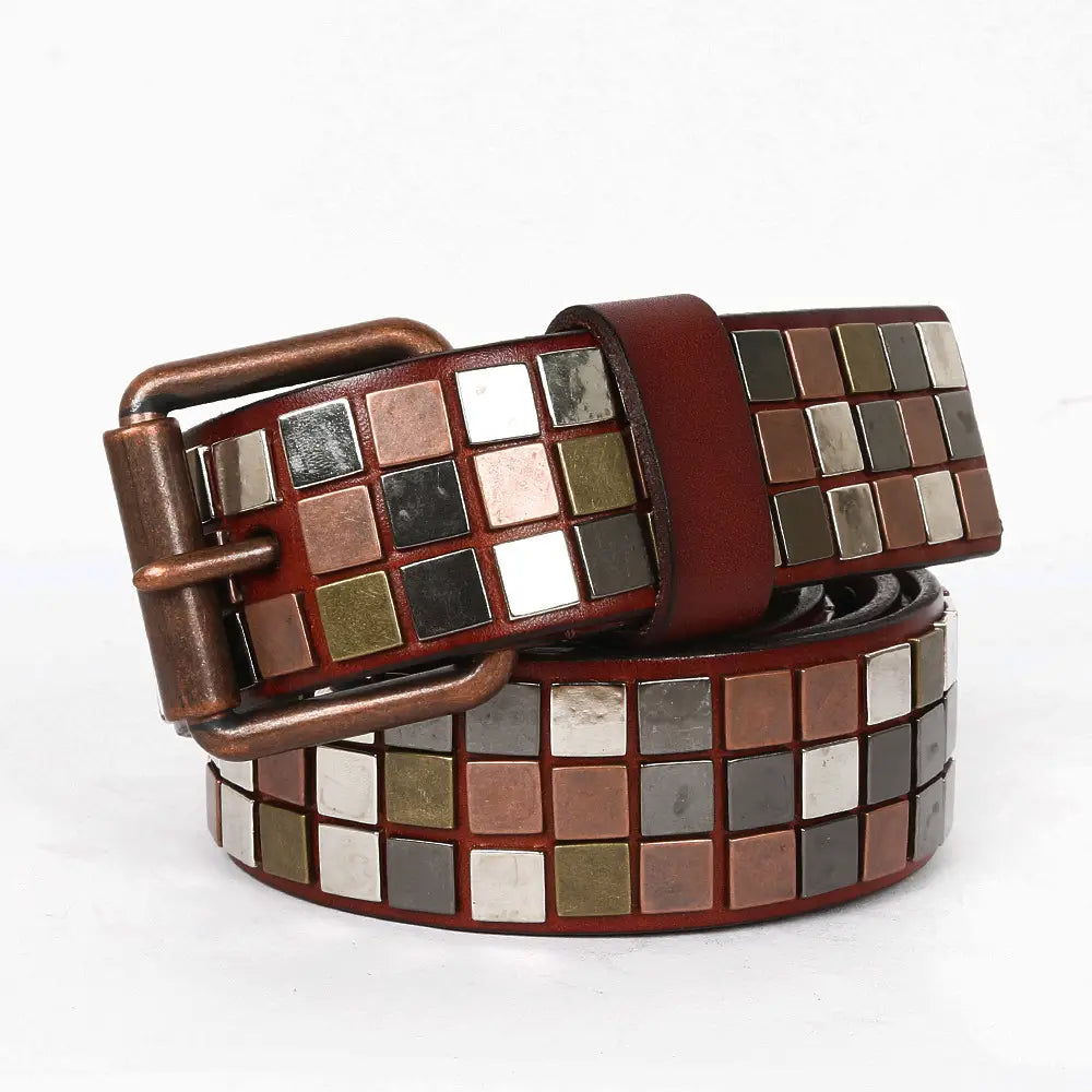 Hairdresser’s Top Layer Leather Flat Studded Belt With Square Patch