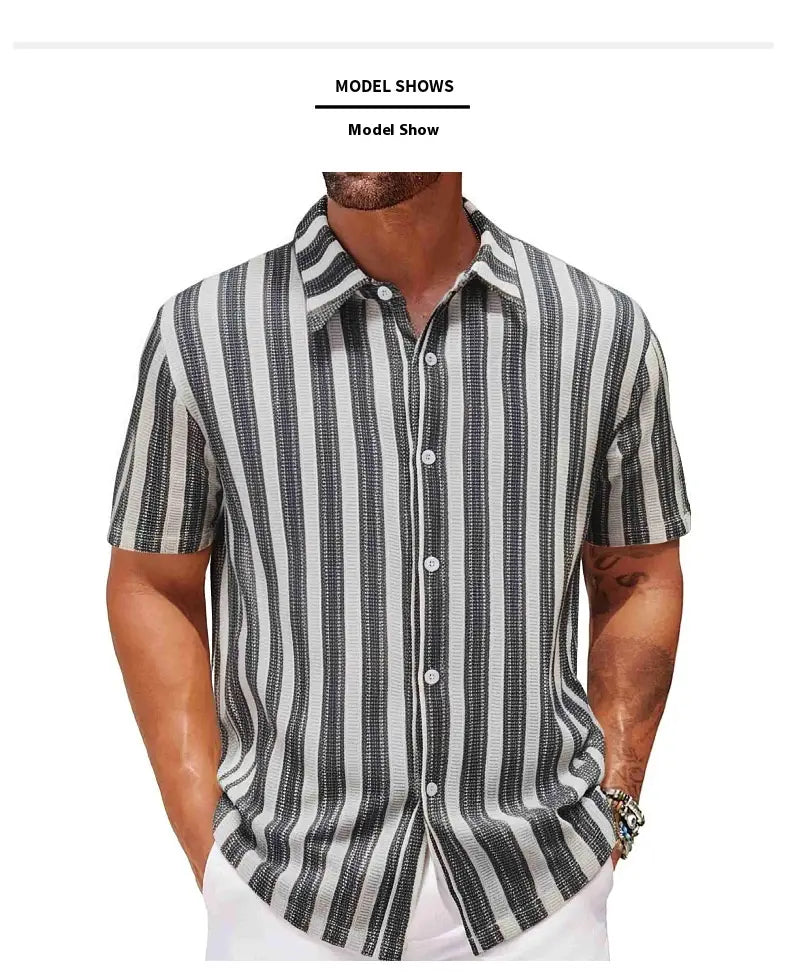 Men’s Beach Casual Yarn-dyed Striped Short-sleeved Lapel Shirt A0407