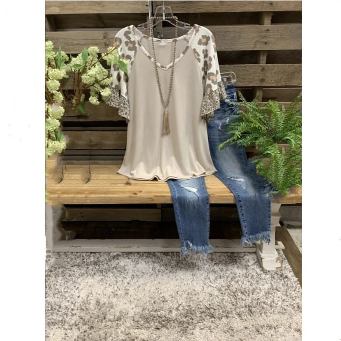 Waffle V-neck Leopard Print Stitching Casual Half Sleeve T-shirt Top