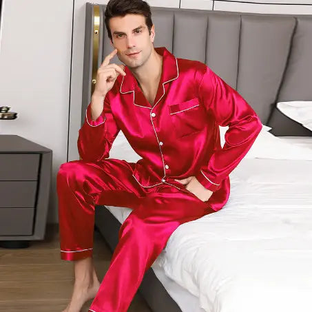 Ice Silk Men’s Long Sleeve Loose Plus Size Pajamas Suit