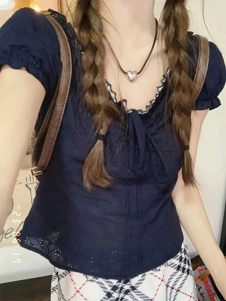 V-neck Lace Puff Sleeve Niche Shirt Short Sleeve