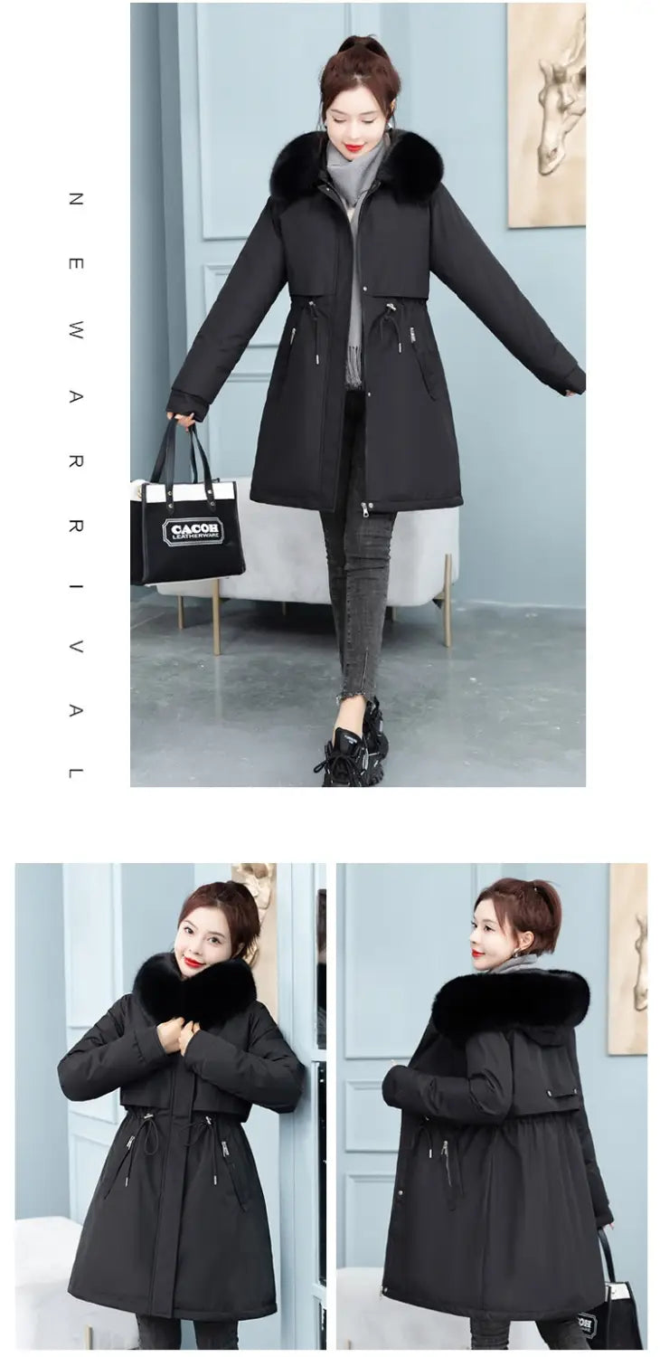 Women’s Mid-length Loose Cotton Coat Fleece-lined Thickened Cinched Coat