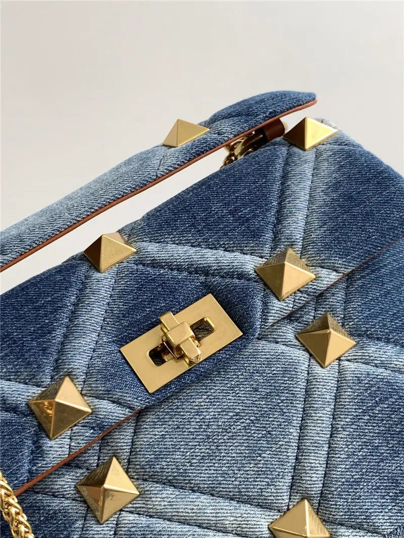 Denim With Cowhide Bag Large Rivet