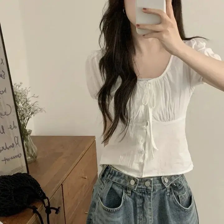Single-breasted Lace Up Short Shirt French Small Top