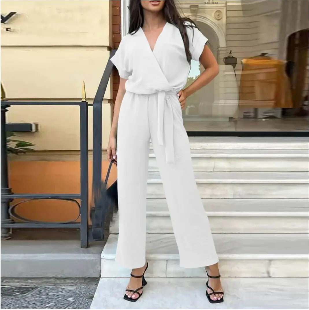 Women’s Short-sleeved V-neck Pocket Jumpsuit