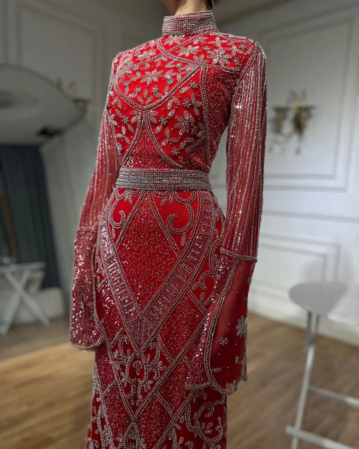 Red High Collar Fishtail Evening Long Dress