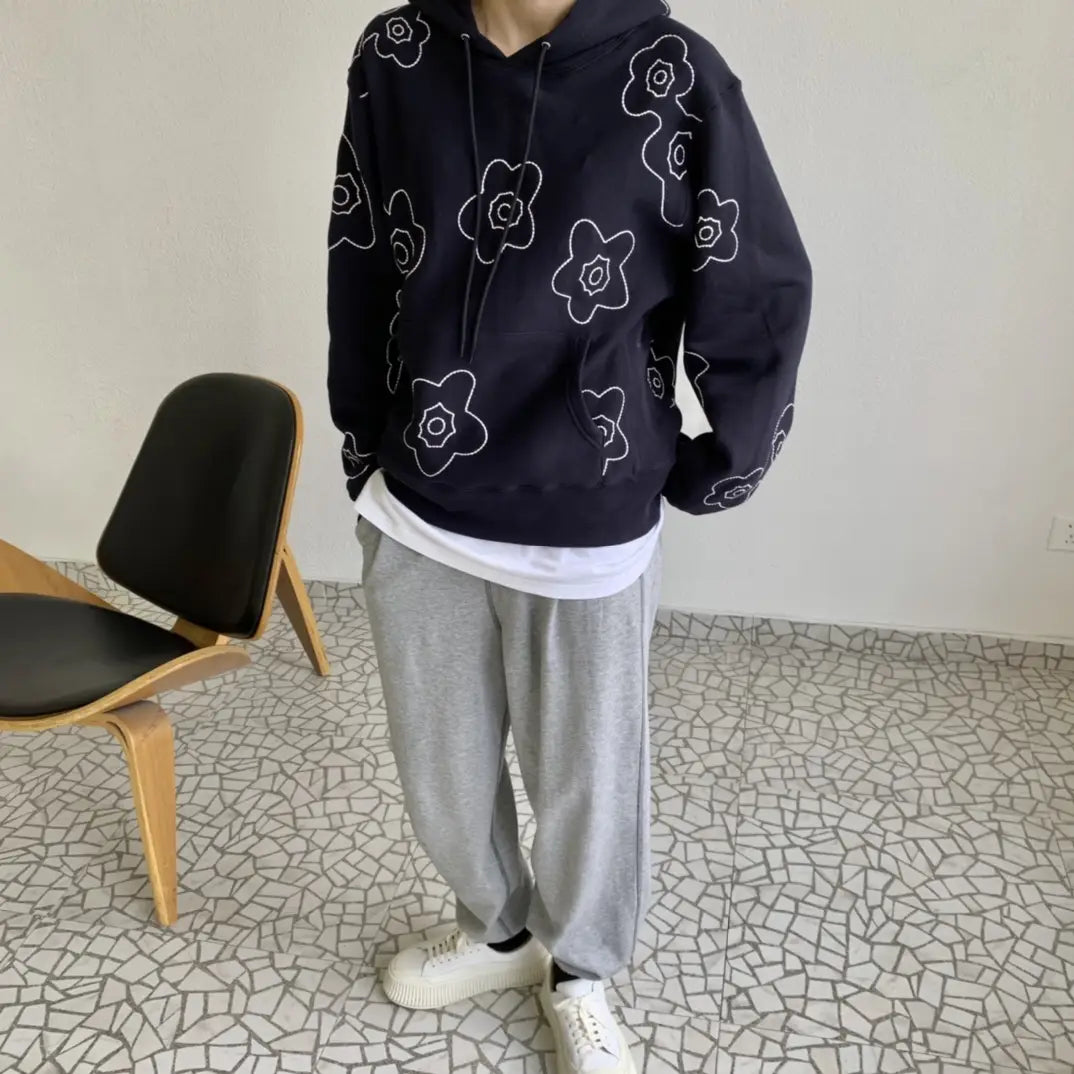 Simple Flower Embroidery Hoodie Unisex Couple
