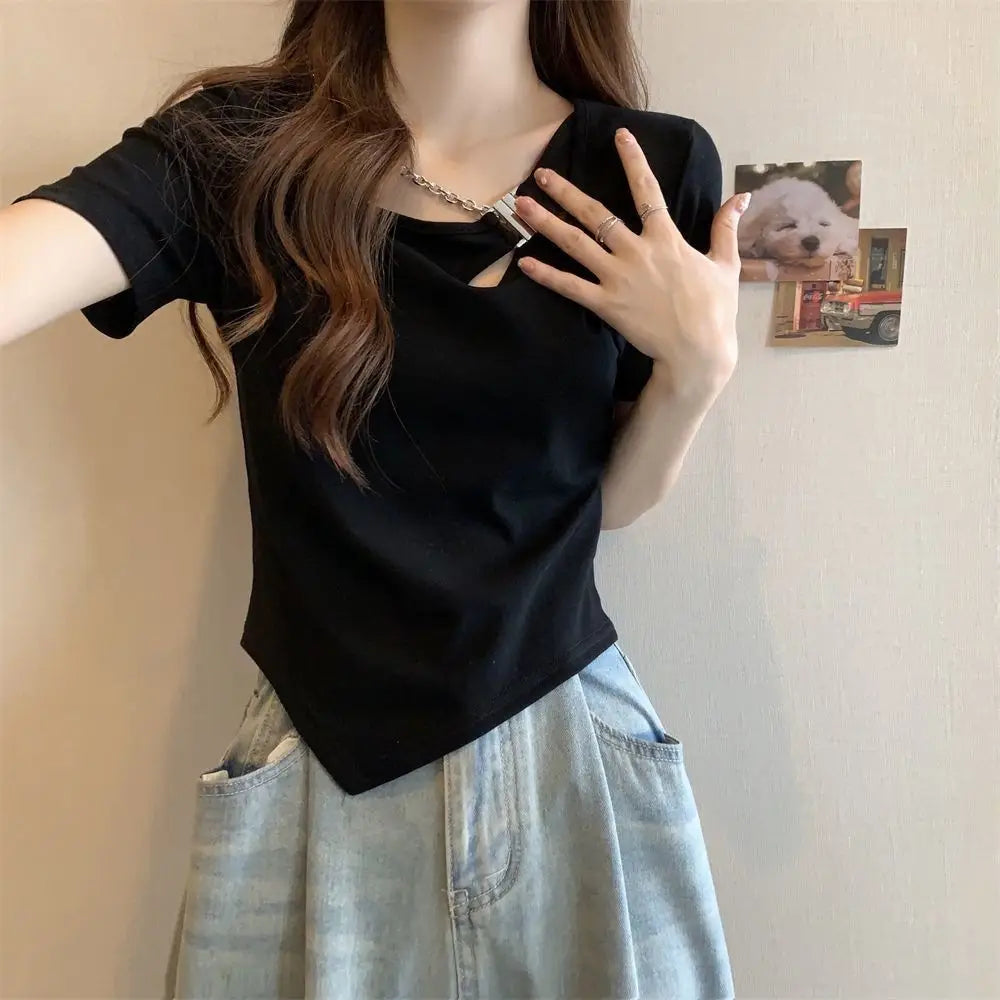 Slim Fit And Thin Cover Belly Hot Girl Irregular Short-sleeved T-shirt For Women