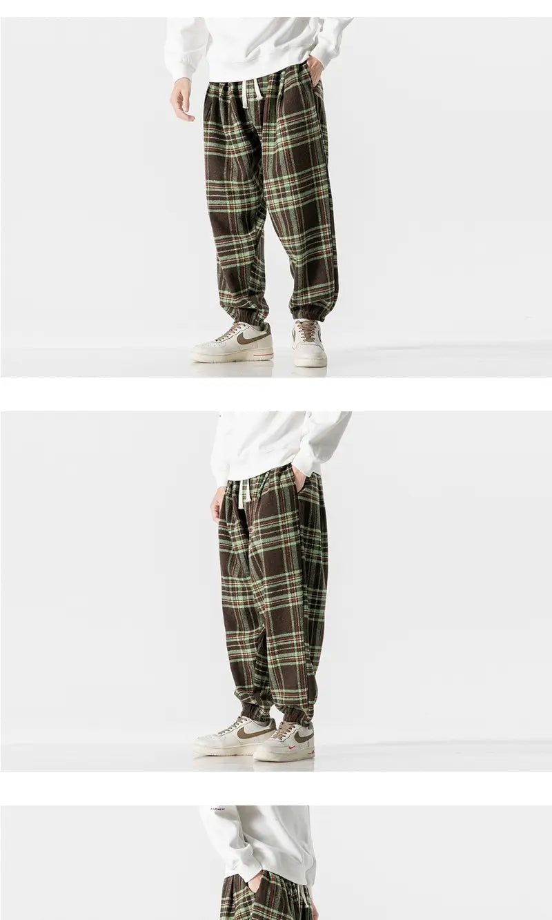 Hong Kong Style Plus Size Woolen Casual Harlan Plaid Pants