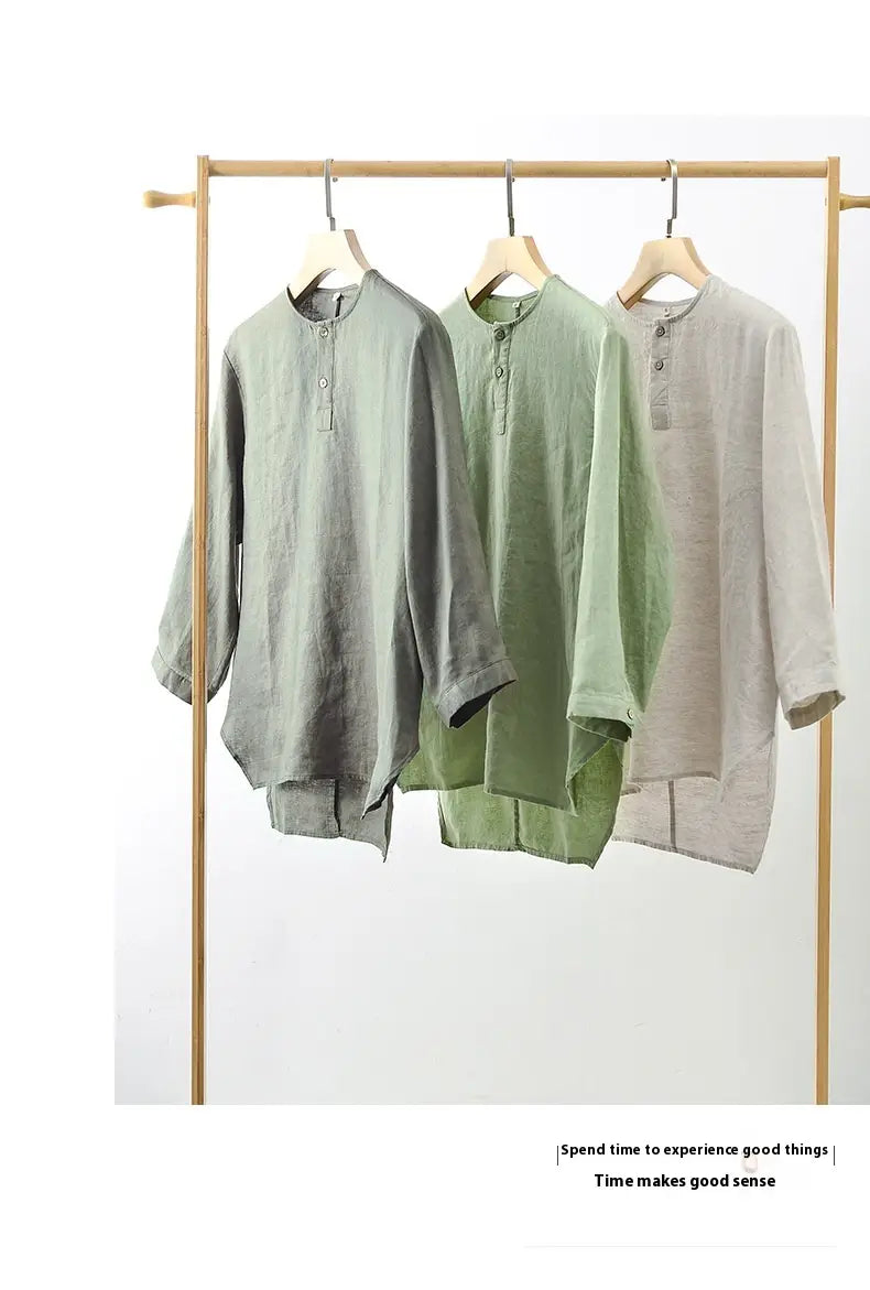 Casual Linen Men’s Simple Round Neck 34 Sleeves Linen T-shirt Loose Breathable Top