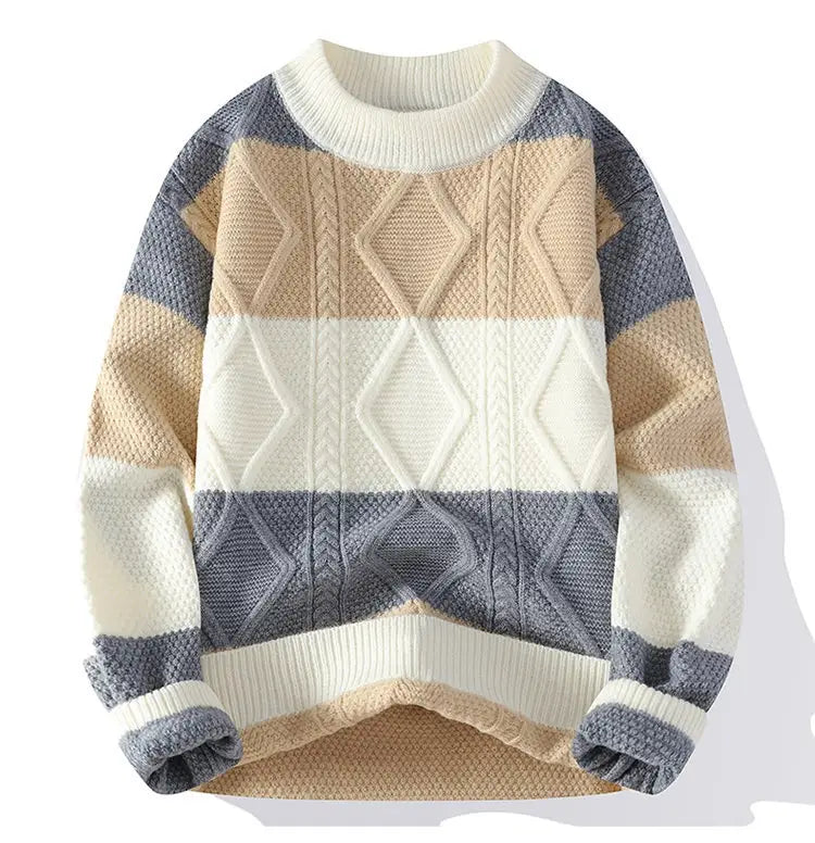 Men’s Casual Round Neck Sweater Contrast Color Knitwear Top