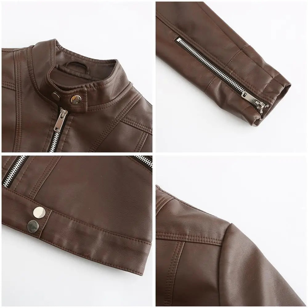 Women’s Short Leather Jacket Stand Collar Jacket Thin