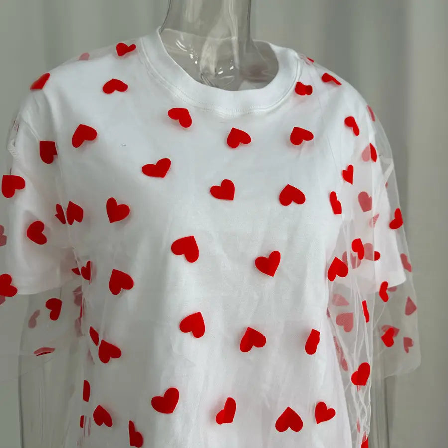 European And American Style Women’s Love Mesh Stitching Loose Basic Style Round Neck Short Sleeve T-shirt