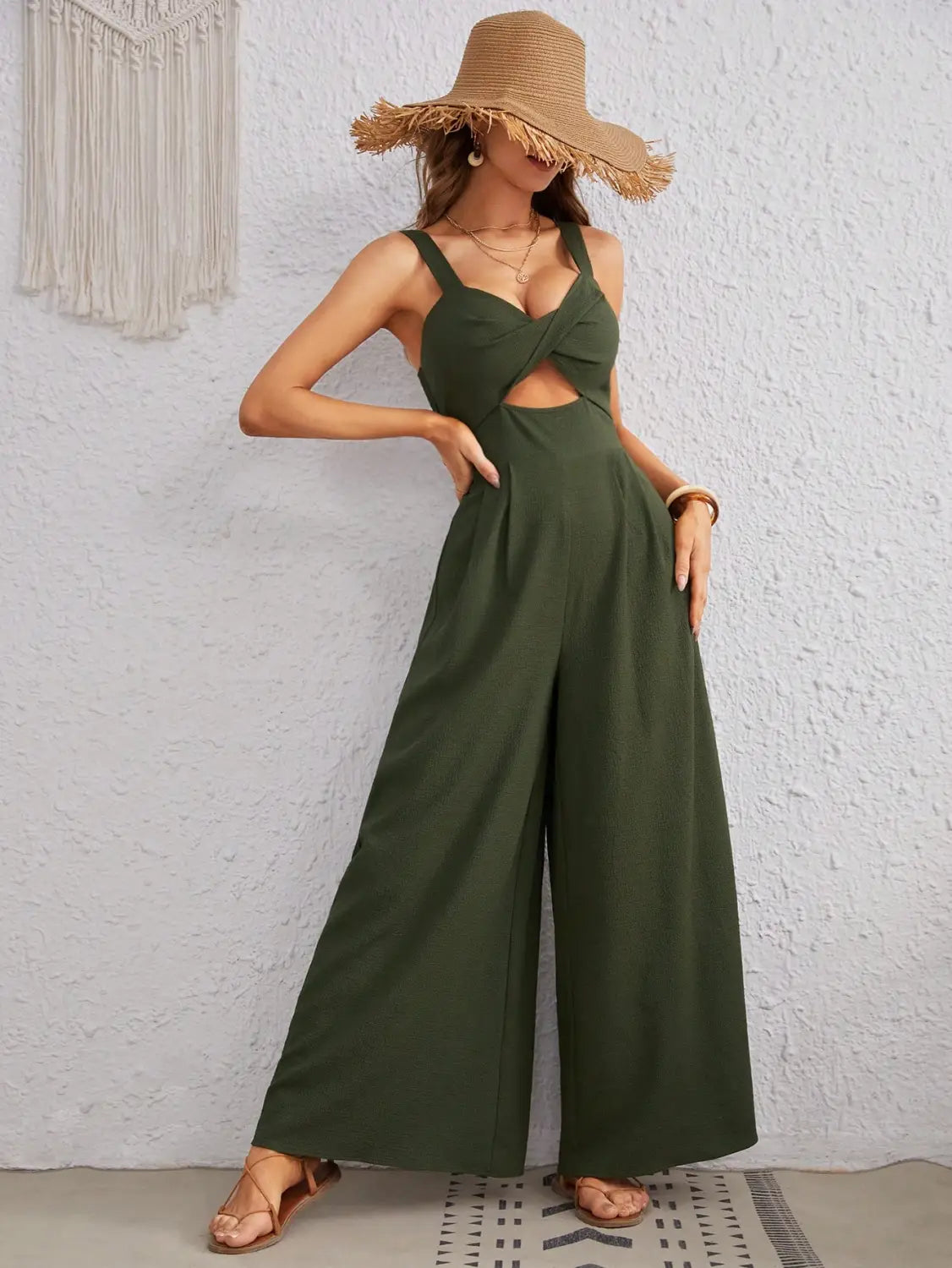 Women’s Solid Color Loose Overall One Piece Summer Beach Jumpsuit With Spaghetti Straps