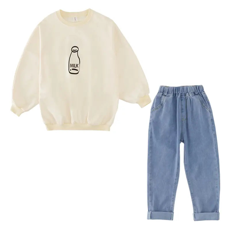 Girls’ Clothes Beer Print Top Jeans Suit Western Style