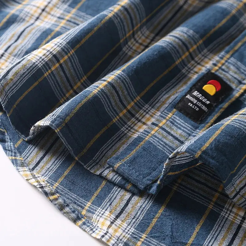 Summer New Japanese-style Retro Washed Yarn-dyed Plaid Short-sleeved Shirt