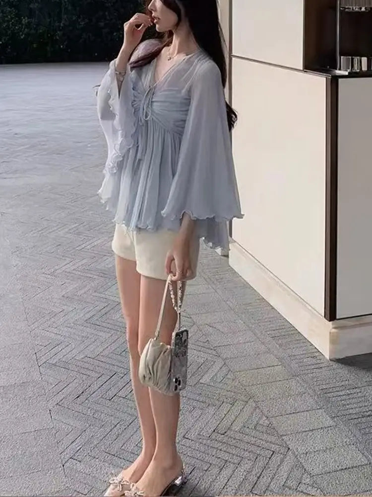 Pure Desire Style Chiffon Shirt Women’s High-grade Ruffle Sleeve Mesh