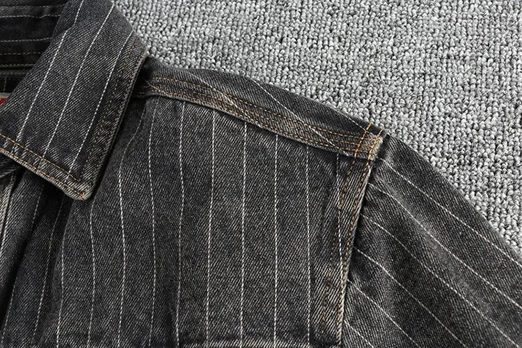 Men’s British Retro Black Gray Striped Denim Shirt