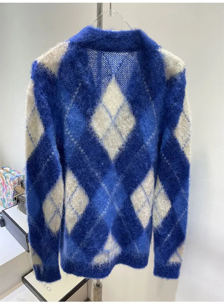 Niche New Loose Color Matching Diamond Mohair Knitted Sweater