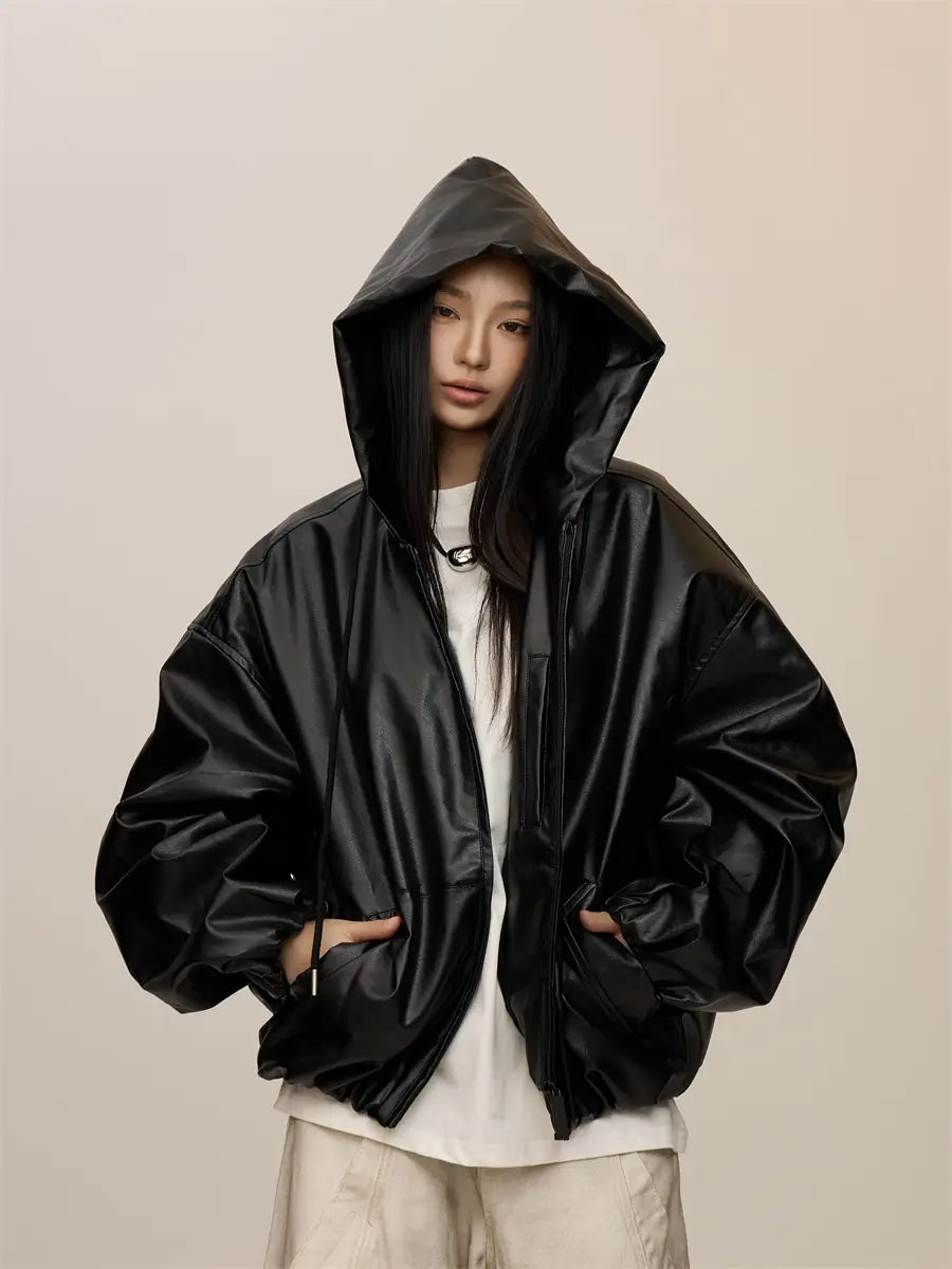 Women’s Black Hooded Leather Coat