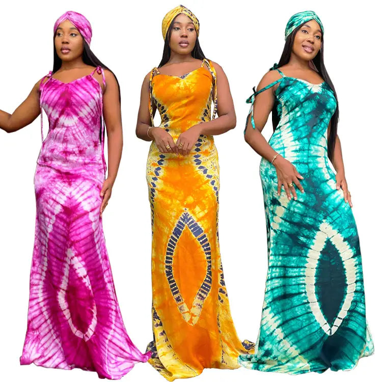 Women’s Fashionable Printed Suspenders Slim Fit Long Dress Long Dress Scarf