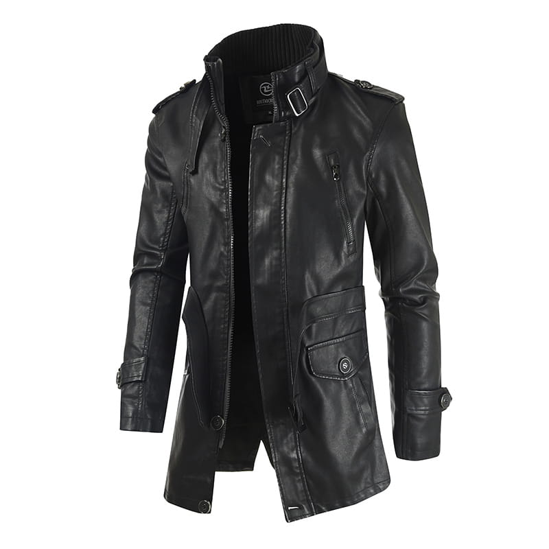 Men’s Mid-length Leather Coat Stand Collar Fleece-lined Thickened