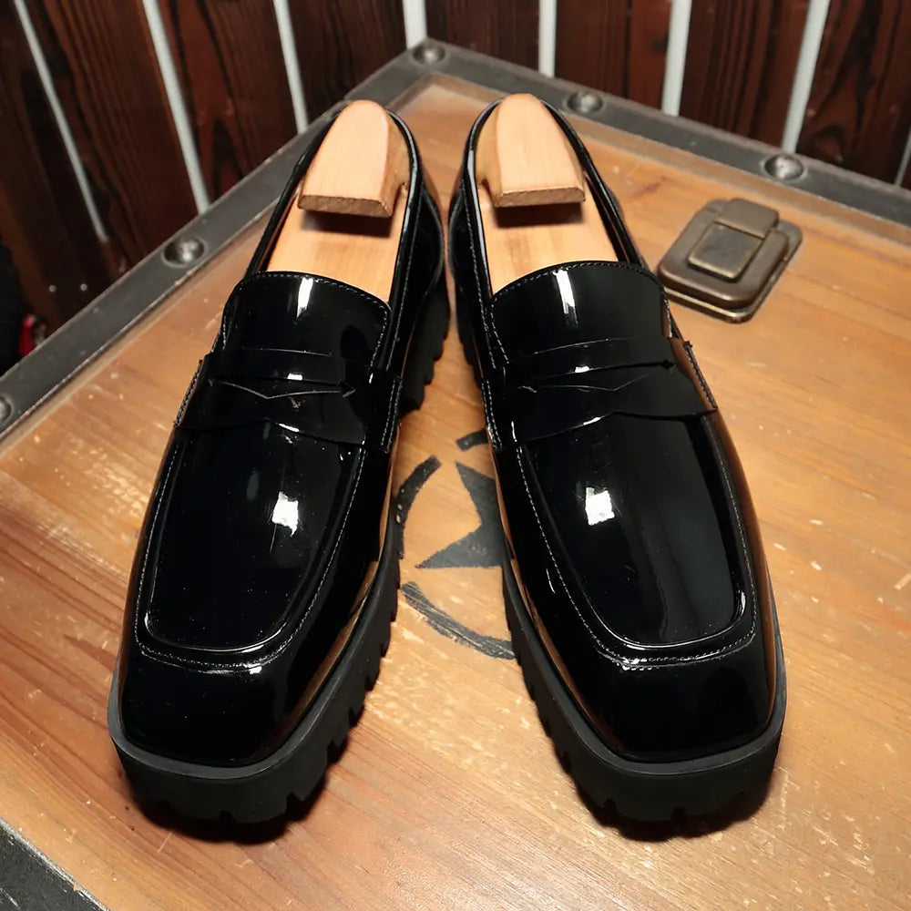 Slip-on Square-toed Black Patent Leather Men’s Trendy Shoes