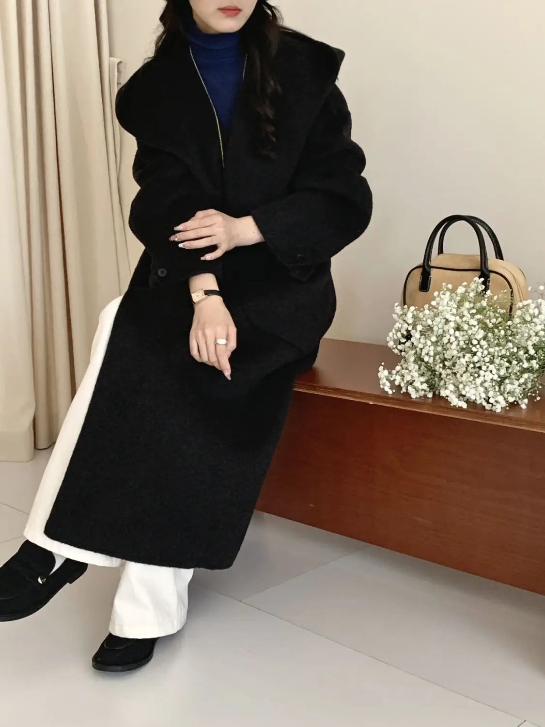 Solid Color Hooded Double-sided Wool Overcoat Women