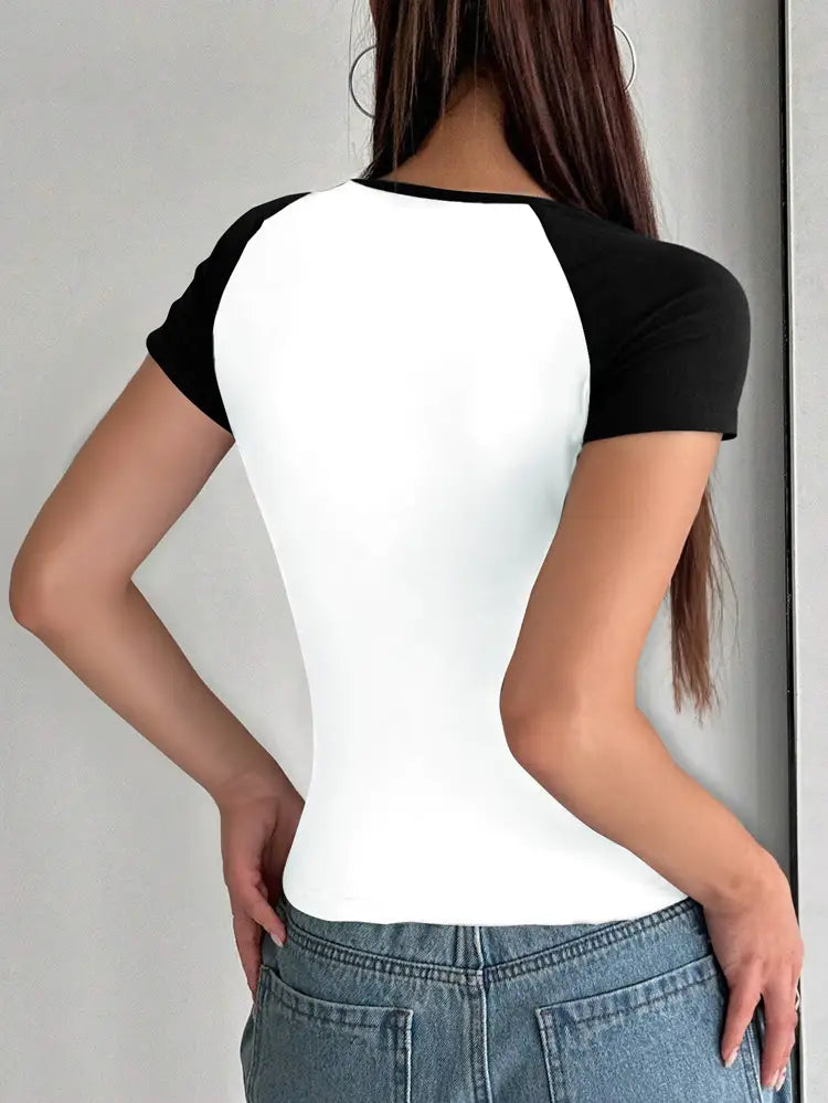 European And American Y2g Sexy Slim U-neck Contrast Color Short Sleeve