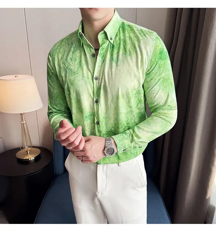 Trendy Tie-dye Printed Shirt Men’s Long Sleeve Spring Slim-fitting