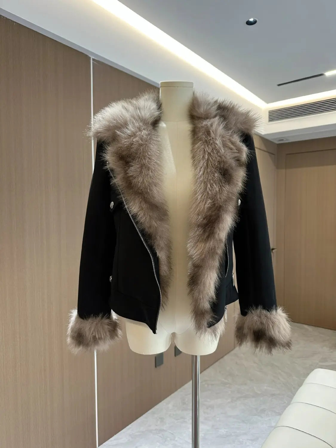 Winter Black Fur Motorcycle Warm Jacket