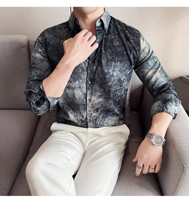 Trendy Tie-dye Printed Shirt Men’s Long Sleeve Spring Slim-fitting