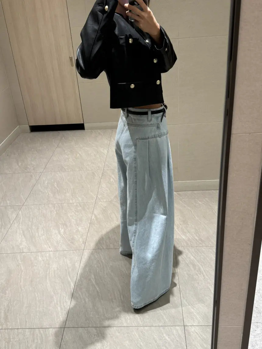 Women’s Korean-style Temperament High Waist Pleated Stitching Wide-leg Jeans