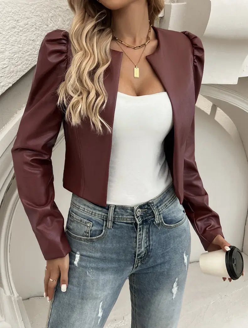 Jacket Women’s Temperament Leisure Cardigan Solid Color Leather Coat