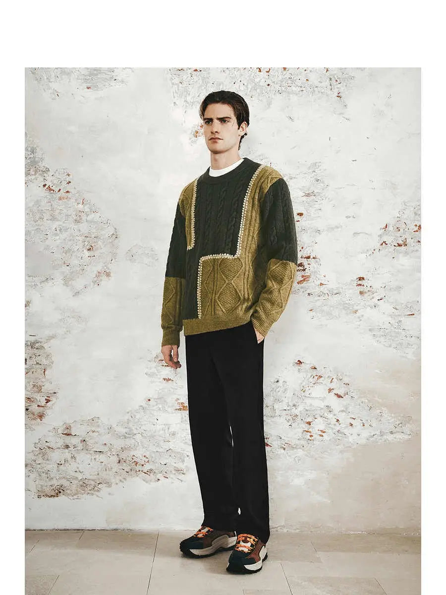 Men’s Retro Casual Contrast Color Patchwork Round Neck Knitwear