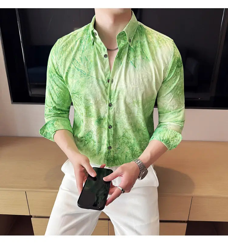 Trendy Tie-dye Printed Shirt Men’s Long Sleeve Spring Slim-fitting